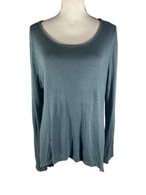 Lisa Bayne Teal Long Sleeve Linen Rayon Blend Scoop Neck Top S USA